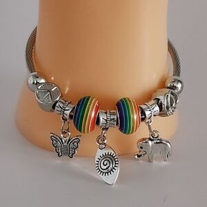 Adjustable Charm Bracelet Rainbow Beads Silver Tone Metal